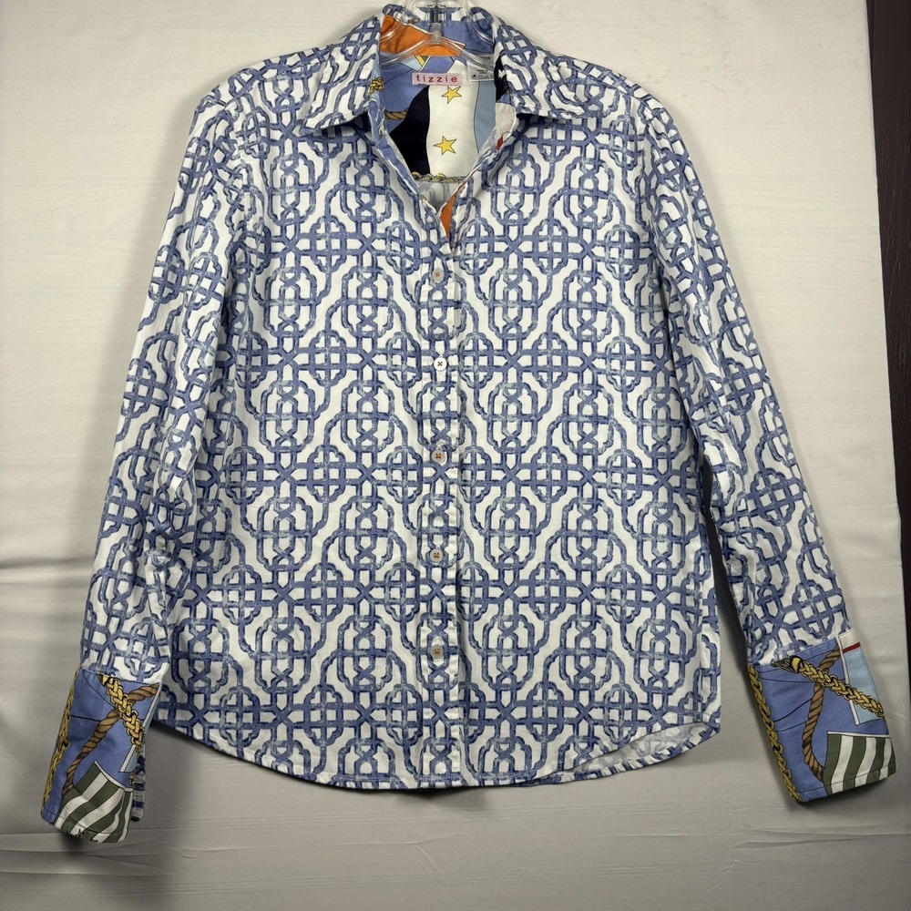 Tizzie Womens Button Up Shirt  Blue white‎ nautical casual work Small